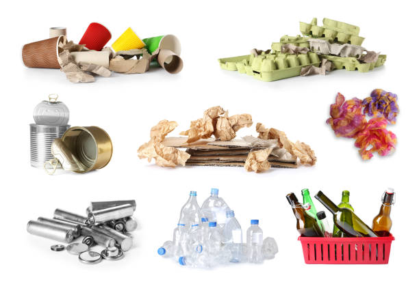 istock Set of piles with different garbage on white background. Waste management and recycling 1344733665