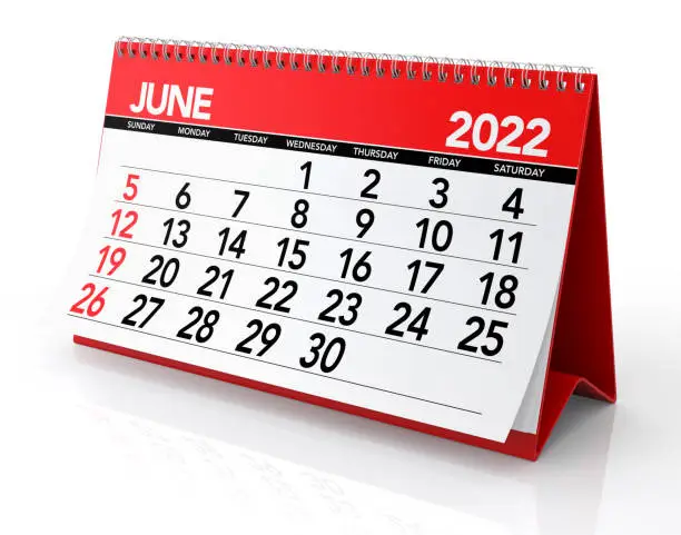 June 2022 Calendar. Isolated on White Background. 3D Illustration