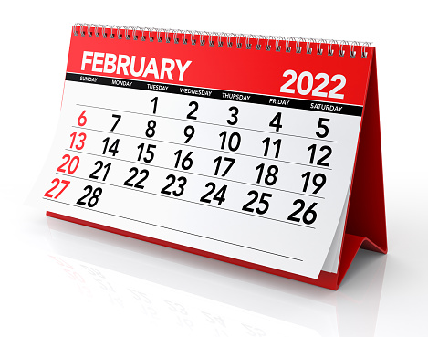 February 2022 Calendar. Isolated on White Background. 3D Illustration