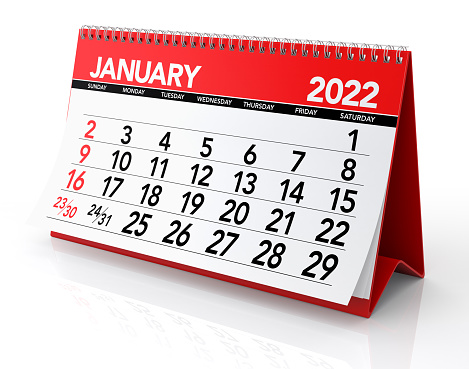 January 2022 Calendar. Isolated on White Background. 3D Illustration