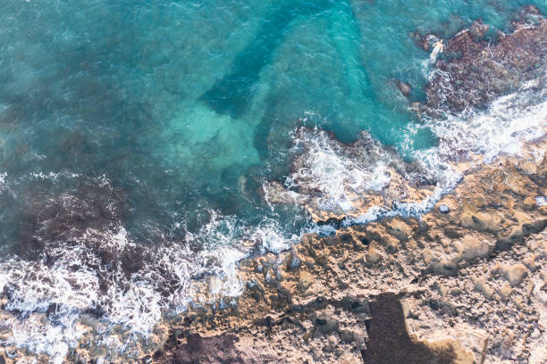 istock Aerial view of waves splashing on beach 1344736029