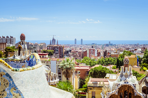 Beautiful summer views of the city of Barcelona from the Park Guell with the Holy Family on the horizon