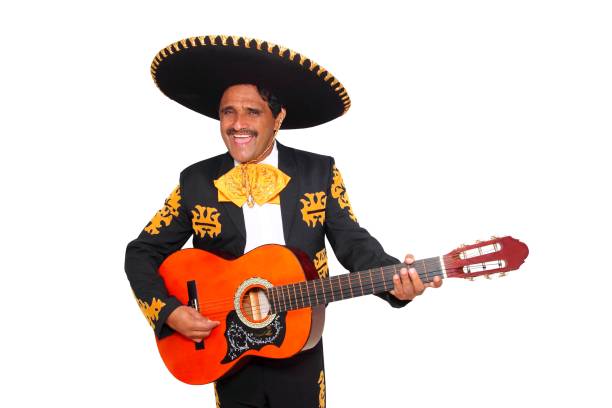 istock Charro mexican Mariachi playing guitar on white 1344738982