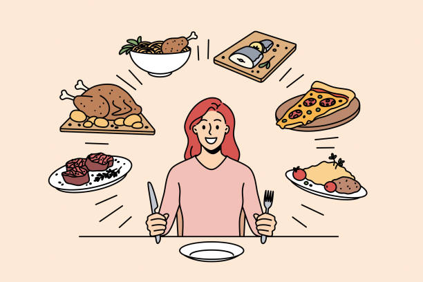 ilustraciones, imágenes clip art, dibujos animados e iconos de stock de concepto de elección de alimentos y nutrientes - plate hungry fork dinner