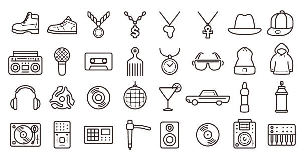 Hip Hop Icon Set (Thin Line Version) This is a set of hip-hop icons. This is a set of simple icons that can be used for website decoration, user interface, advertising works, and other digital illustrations. hip hop stock illustrations