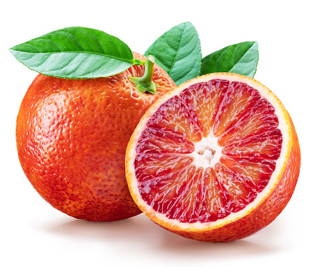 Red orange with green leaf and orange slice on white background. File contains clipping path.
