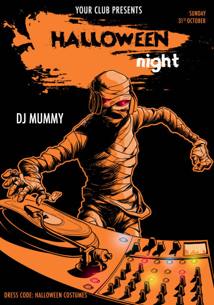 ilustrações de stock, clip art, desenhos animados e ícones de dj mummy black and orange halloween party flyer template - ancient civilization audio