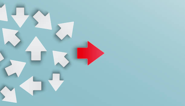 istock Leadership success business concept, many arrows pointing in different directions with arrows in the middle forming straight path. Plan, courage, career, new thinking, solution, creative decision. 1344746409