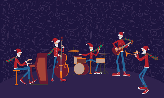 Christmas Santa music party jazz band. Character vector illustration. Dark background with musial notes.