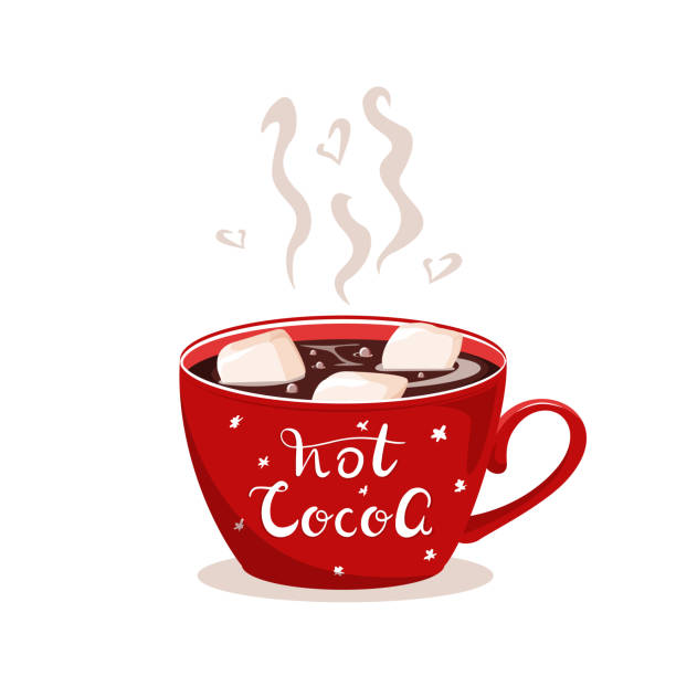 ilustrações, clipart, desenhos animados e ícones de ilustração de humor natalino no vetor. uma caneca com cacau e marshmallows para se aquecer nos dias de inverno. carta de citação de letras de mão de cacau quente. para publicidade, cozimento, banners de outono e cafés - hot chocolate