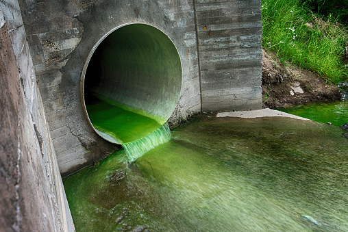 Efluente contaminado de color verde brillante que fluye a través de una tubería de drenaje photo