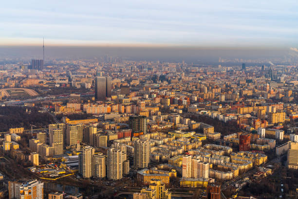 Remote elevated view on the big city in winter. Moscow, Russia, Eastern Europe.