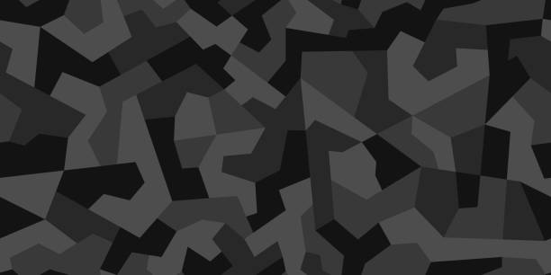 Fashionable geometric camouflage pattern. Seamless dark black texture. Abstract military or hunting camo background. Vector illustration. Military deforming camo. Seamless repeating vector pattern for camouflage nets and coloring weapons and military equipment. Deforms, hide and distorts contours and shapes of the masked object. disguise vector stock illustrations