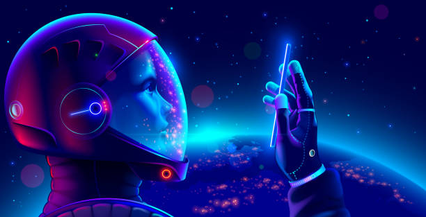 istock Cosmonaut in space suit in outer space with phone in hand looks at screen and makes selfie. Astronaut wearing helmet holds smartphone on orbit of planet Earth. Space tourist in spacesuit in cosmos. 1344748962