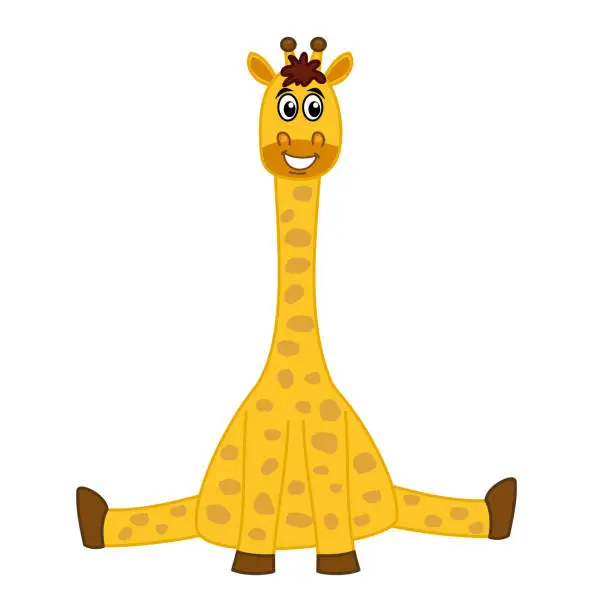 Vector illustration of Beautiful and cute yellow smiling giraffe sitting on the ground in white background - vector