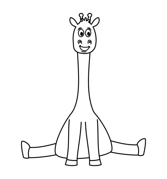 Vector illustration of Sitting smiling giraffe in black and white to be colored on white background - vector