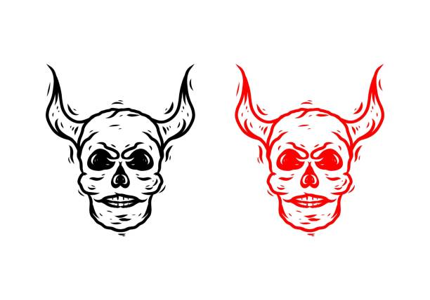 illustrations, cliparts, dessins animés et icônes de couleur noire et rouge de la tête du crâne avec dessin d’illustration de corne - animal skull cow animal black background