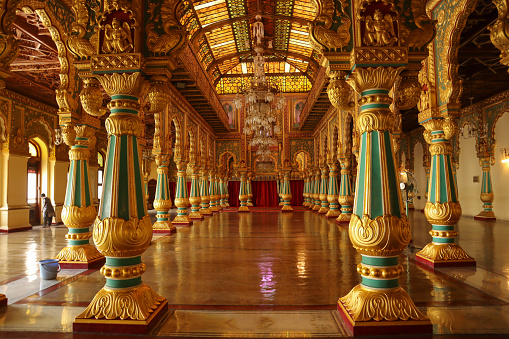 A Classic selectively focused picture of Private hall of the Maharajah inside the Ambavilas Palace during Dasara season in Mysore, India.