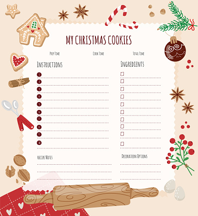 Blank page for Christmas recipes.Background with ingredients for christmas baking decorated with fir tree,cookies.