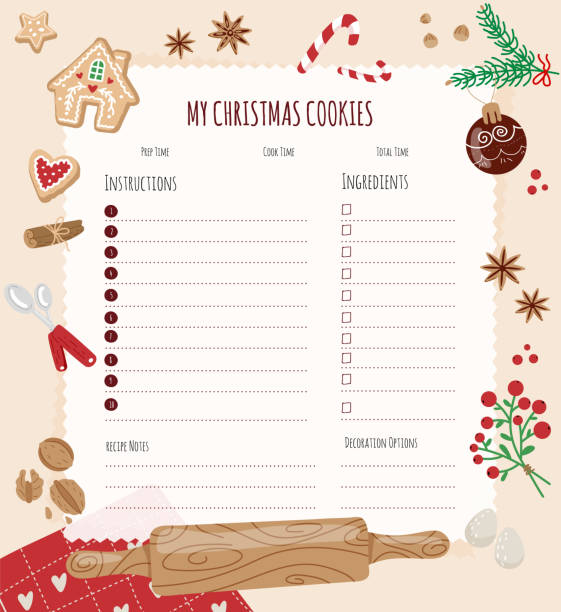 Blank page for Christmas recipes.Background with ingredients for christmas baking decorated with fir tree,cookies. Blank page for Christmas recipes.Template for  layout, banner, web design, brochure.Background with ingredients for cooking christmas baking decorated with fir tree,cookies.Vector flat illustration. cinnamon stick spice food stock illustrations