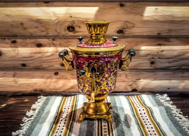 Copper samovar. A Russian kettle for tea works on firewood