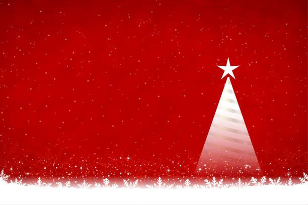 Creative dark red or maroon coloured Christmas vector backgrounds with snowflakes all over the ground and at the top and a shining star over a triangle shaped xmas tree Horizontal illustration of white snowflakes at the top and bottom of red patchy, blotchy backdrop. There is one shining triangular shaped Xmas tree and a shiny star. Apt for Xmas, Christmas, New Year Day themed backdrops, wallpapers, greeting cards templates, posters and gift wrapping paper sheets. There is no text and no people but ample copy space for text. blank christmas card stock illustrations