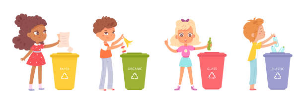 ilustrações de stock, clip art, desenhos animados e ícones de kids sorting garbage to trash bins with recycle signs set, child collecting waste - sustainable resources environment education cleaning