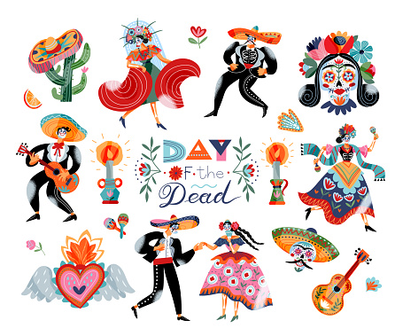 Set of traditional Mexican holiday Day of The Dead decoration vector flat illustration. Festive skulls, Catrina's face, candle, maracas, guitar, cactus and sombrero with inscription Dia de los muertos