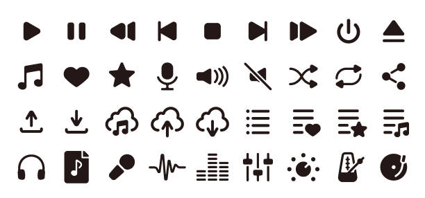 illustrazioni stock, clip art, cartoni animati e icone di tendenza di set di icone dell'interfaccia utente musica e audio (versione flat silhouette) - sound effect