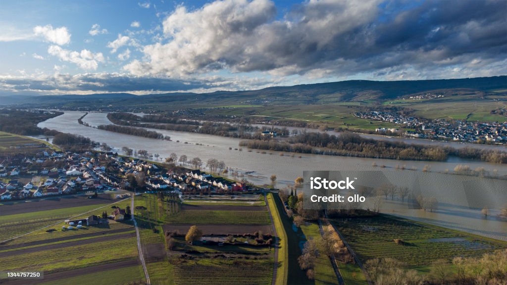 Rhine river and flooded river banks - Rheingau area, Germany Above Stock Photo