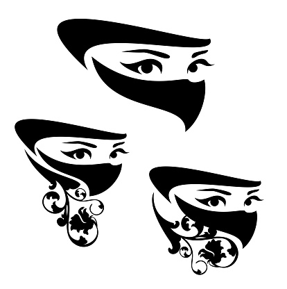 beautiful arabian woman wearing traditional muslim head covering and rose flower decor -  black and white vector portrait of fairy tale Scheherazade beauty