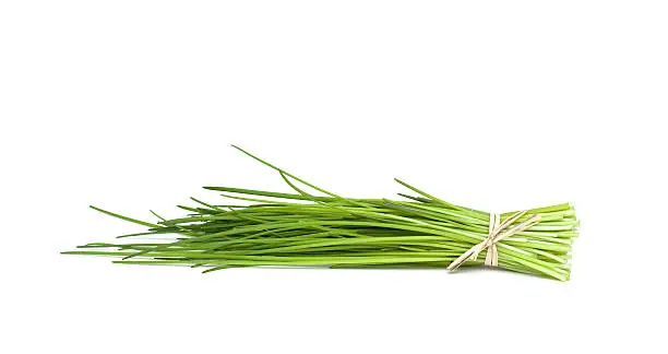 fresh tied chive lying on white background
