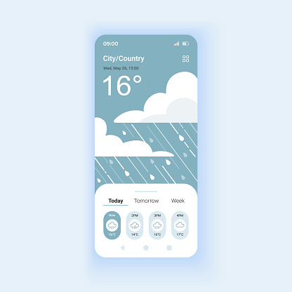 Thunderstorm weather daytime mode smartphone interface vector template. Storm and heavy rain. Mobile app page design layout. Climate overcast screen. Flat UI for application. Phone display