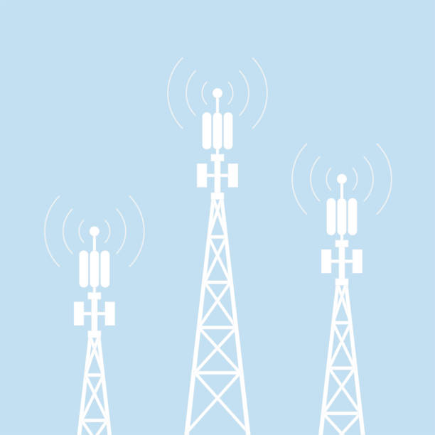 ilustraciones, imágenes clip art, dibujos animados e iconos de stock de concepto 5g. antena de torre celular de transmisión - communications tower