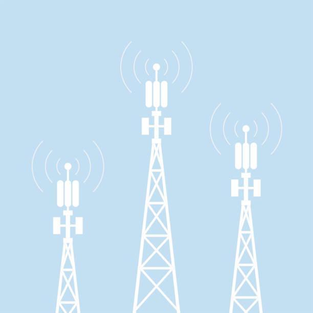 illustrazioni stock, clip art, cartoni animati e icone di tendenza di concetto 5g. antenna a torre cellulare di trasmissione - torre