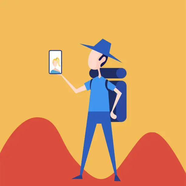 Vector illustration of Man using smartphone video call or vlogging while travel in the nature