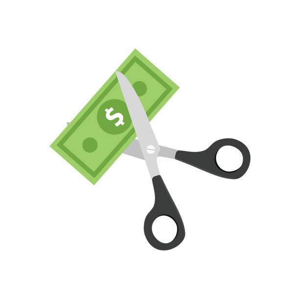 ножницы, режущие деньги изолированы на белом фоне. - cutting scissors currency dollar stock illustrations