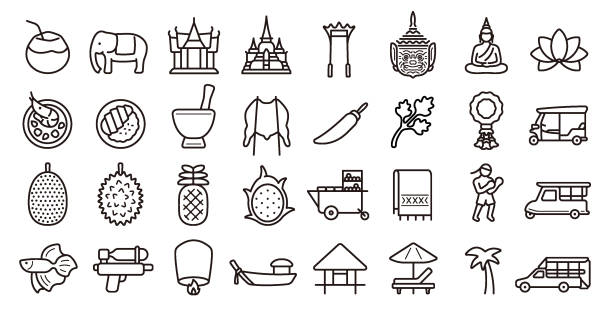 Thailand Icon Set (Thin Line Version) This is a set of thailand icons. This is a set of simple icons that can be used for website decoration, user interface, advertising works, and other digital illustrations. dragon fruit flower stock illustrations