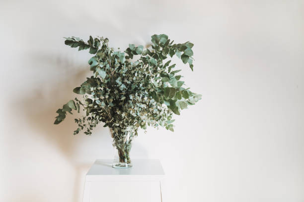 istock White table and glass vase with eucalyptus twigs 1344763932