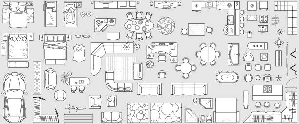 Set top view for interior icon design. Floor plan.
Architecture plan with furniture in top view. The layout of the apartment, technical drawing  kitchen, living room and bedroom. Vector Illustration. Floor plan icons set for design interior and architectural project (view from above). Furniture thin line icon in top view for layout. Blueprint apartment. Vector floor plan illustrations stock illustrations