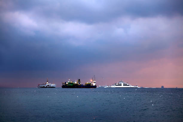 Ships And Stormy Weather During Sunset in Istanbul, Turkey