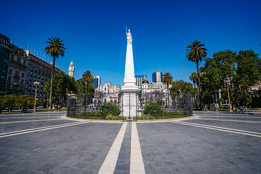 The Piramide de Mayo (May Pyramid) at the hub of the Plaza de Mayo, is the oldest national monument in Buenos Aires, Argentina.