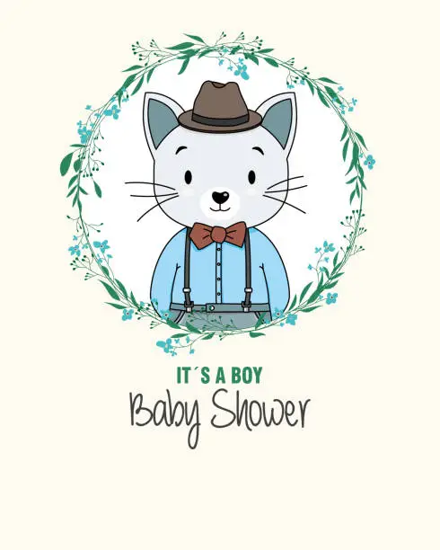 Vector illustration of Baby shower card. Cute cat inside flower frame.