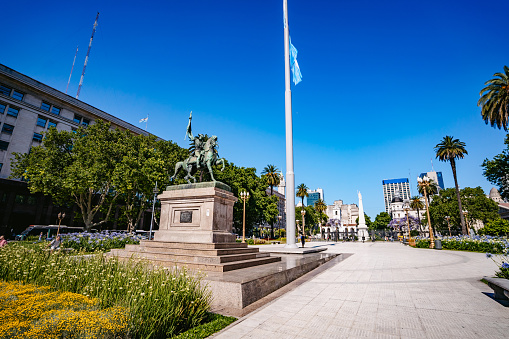 TEL AVIV, ISRAEL - March 08, 2024 : Panoramic view of Habima Square with Menashe Kadishman's statue in Tel Aviv, Israel.