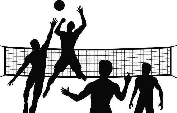 Smash Editable vector silhouettes of four men playing beach volleyball with all elements as separate objects volleyball net stock illustrations