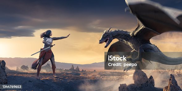 istock A Dragon In Mid Air With Mouth Open Flying Close to A Female Knight Standing With Hand Out. 1344769653