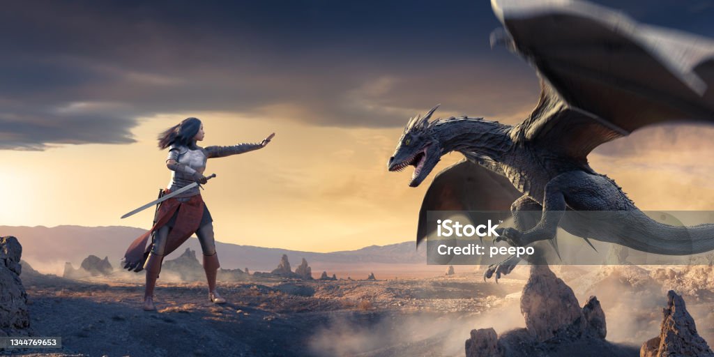 A Dragon In Mid Air With Mouth Open Flying Close to A Female Knight Standing With Hand Out. A dragon in mid flight, with motion blur to the wings hovering close to some rocks in an arid landscape with small jagged rock formations. A female knight in armour and leather stand holding a sword backward in one hand and the other hand outstretched towards the dragon. Dragon Stock Photo