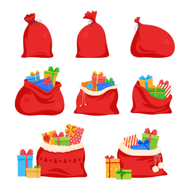 illustrazioni stock, clip art, cartoni animati e icone di tendenza di scatole regalo di capodanno a babbo natale aperte e legate set di sacchetti rossi vettoriale sacco festivo pieno di regali - sacco