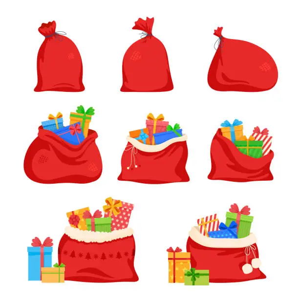 Vector illustration of New Year gifts boxes in Santa Claus open and tied red bag set vector festive sack full of presents
