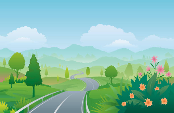 извилистая дорога горный фон - thailand forest outdoors winding road stock illustrations
